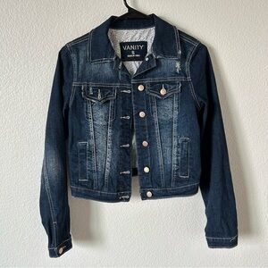 Vanity Dark Blue Distressed Denim Cropped Button Up Small Jean Jacket for Women